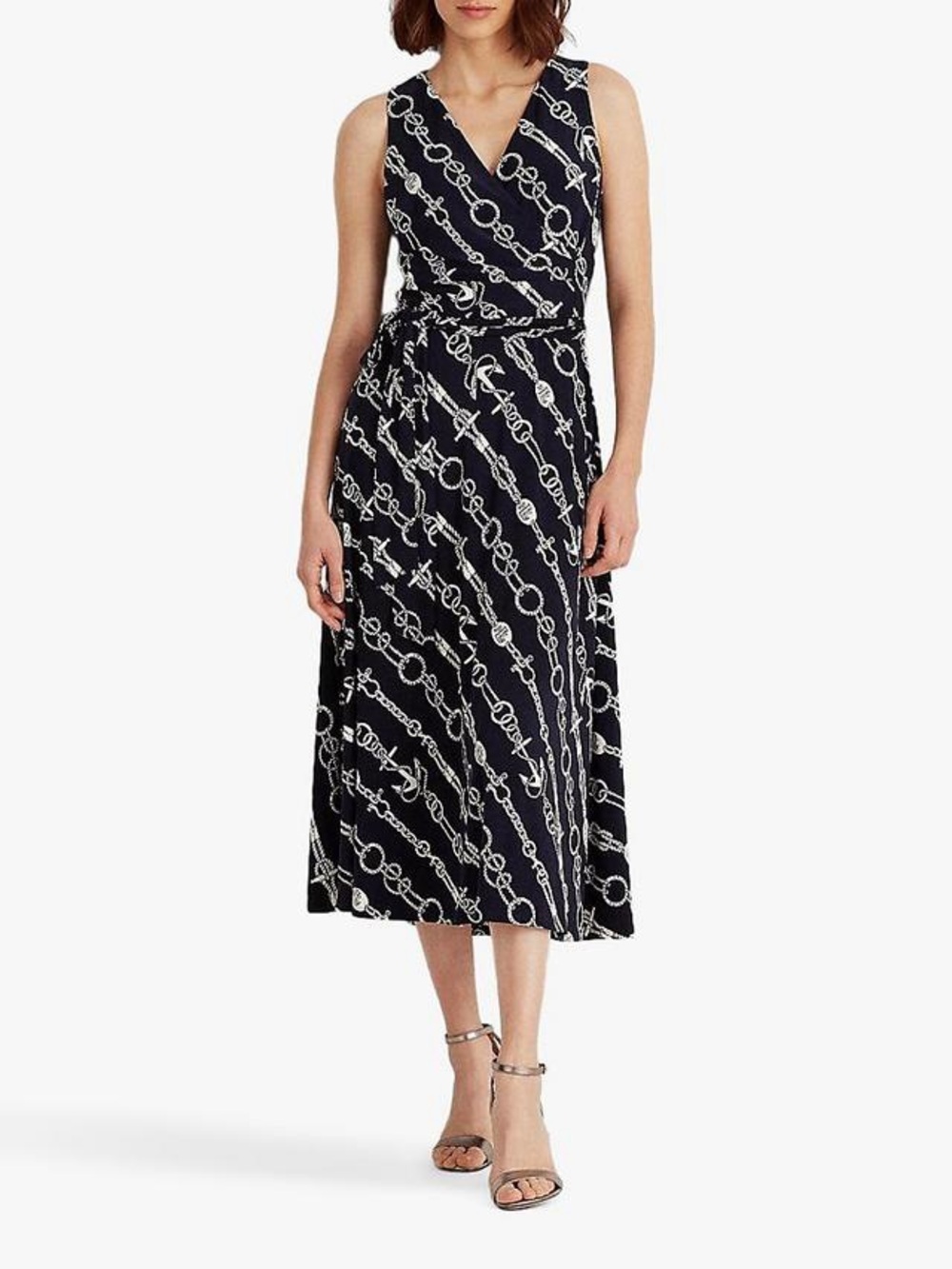 LAUREN Ralph Lauren Carlyna Sleeveless
Chain Print Midi Dress Navy Blue Wrap 16